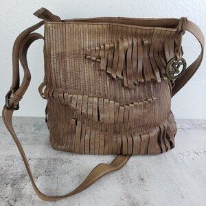 Valentina Italy Split Fringe Leather Satchel Tote Bag Taupe Brown Crossbody Boho